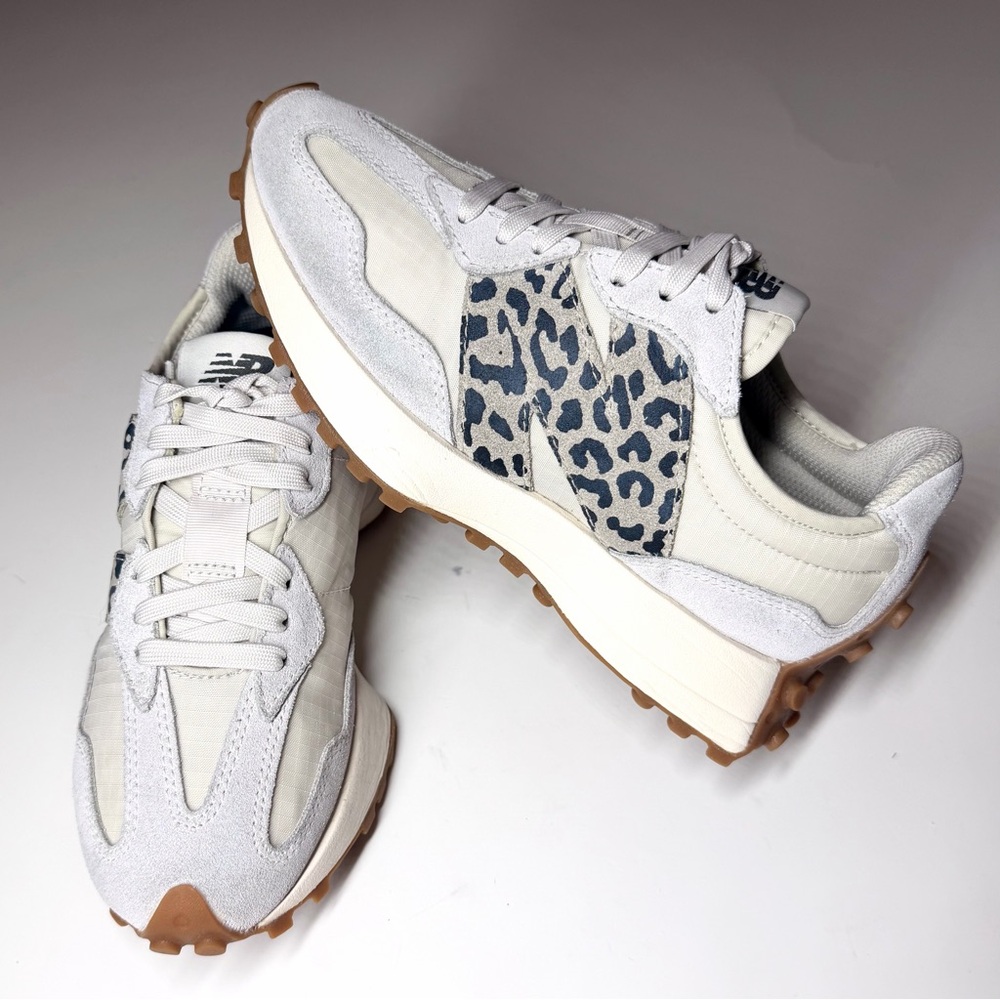 New Balance Cream and Blue Leopard Sneakers